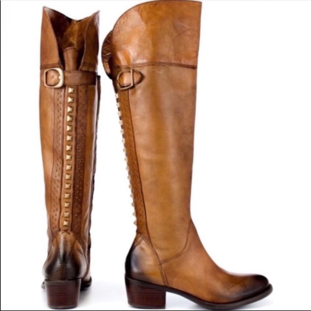 Vince Camuto Bollo Tall Leather Studded Riding Boots Camel Brown and Black 7